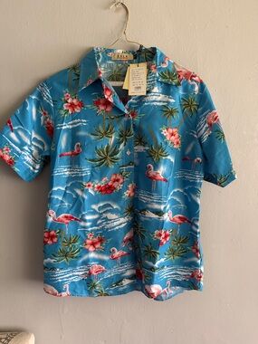 SSLR Women's Blue Tropical Button-Down Shirt with Flamingo Print